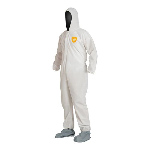 Main product image of ProShield 10 PB122S Coverall w/ Standard Hood, Elastic Wrists, Attached Skid-Resistant Boots, Storm Flap, White, 4X-Large (Pack of 25)