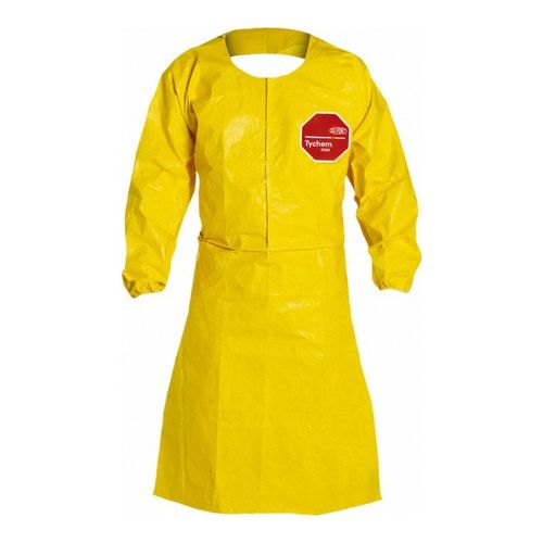 Main product image of Tychem 2000 QC275B Sleeved Apron, Elastic Wrists, 44in Long, Snaps at Neck, Waist Ties, Yellow, X-Large (Pack of 25)