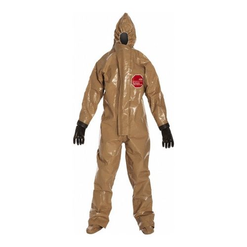 Main product image of Tychem RESPONDER CSM RC128T Coverall w/ Respirator Fit Hood, Attached Gloves, Socks w/ Outer Boot Flaps, Double Storm Flap, Tan, 4X-Large (Pack of 1)