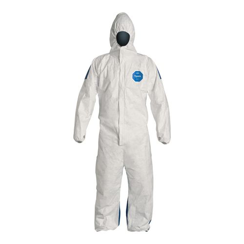 Main product image of Tyvek 400 D TD127S Coverall w/ Respirator Fit Hood, Elastic Wrists and Ankles, Storm Flap (Tyvek 400 Front, ProShield 10 Back), White/Blue, 2X-Large (Pack of 25)