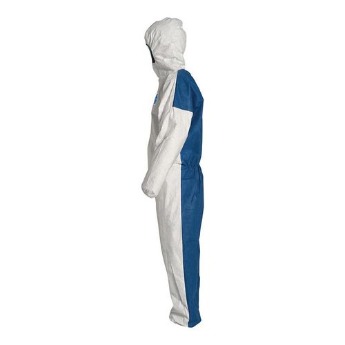 Main product image of Tyvek 400 D TD127S Coverall w/ Respirator Fit Hood, Elastic Wrists and Ankles, Storm Flap (Tyvek 400 Front, ProShield 10 Back), White/Blue, 2X-Large (Pack of 25)