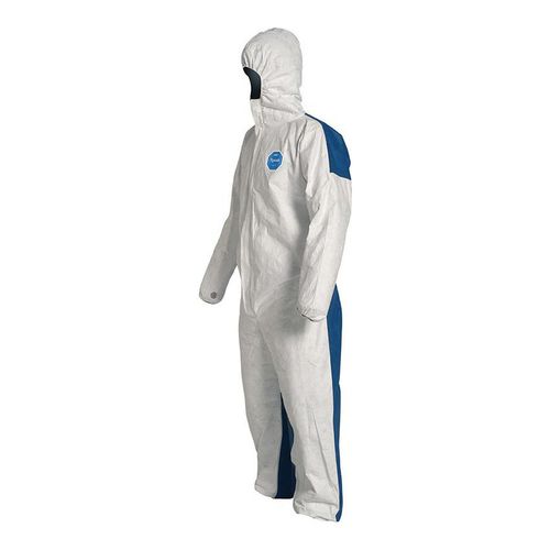 Main product image of Tyvek 400 D TD127S Coverall w/ Respirator Fit Hood, Elastic Wrists and Ankles, Storm Flap (Tyvek 400 Front, ProShield 10 Back), White/Blue, 2X-Large (Pack of 25)
