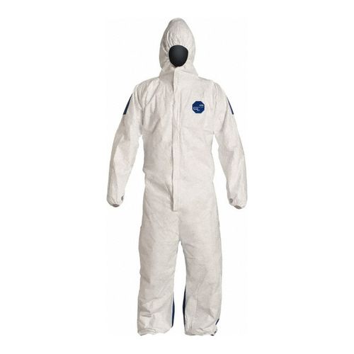 Main product image of Tyvek 400 D TD127S Coverall w/ Respirator Fit Hood, Elastic Wrists and Ankles, Storm Flap (Tyvek 400 Front, ProShield 10 Back), White/Blue, Medium (Pack of 25)