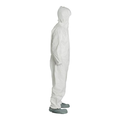 Main product image of Tyvek 400 TY122S Coverall w/ Respirator Fit Hood, Elastic Wrists, Attached Skid-Resistant Boots, Storm Flap, White, 2X-Large (Pack of 25) - NAFTA Sourced