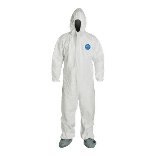 Main product image of Tyvek 400 TY122S Coverall w/ Respirator Fit Hood, Elastic Wrists, Attached Skid-Resistant Boots, Storm Flap, White, 3X-Large (Pack of 25)
