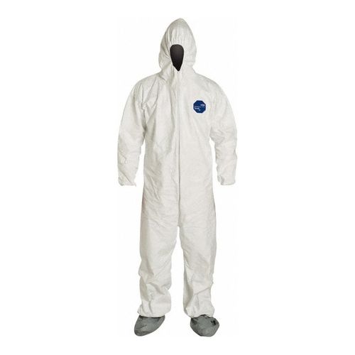 Main product image of Tyvek 400 TY122S Coverall w/ Respirator Fit Hood, Elastic Wrists, Attached Skid-Resistant Boots, Storm Flap, White, Medium (Pack of 25)