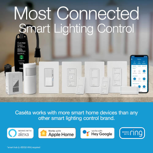 Main product image of Claro Smart Switch for Caseta, 5A LED or 3A Fan, On/Off Paddle Switch, Single-Pole/ 3-Way No Neutral Required, 120V, DVRF-5NS-WH, White