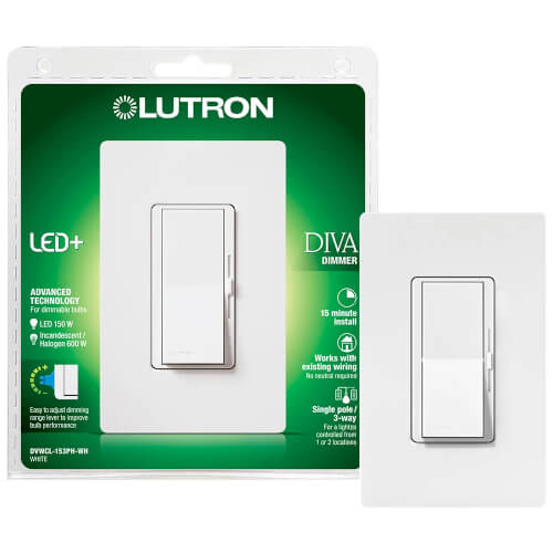 Main product image of Diva LED+ Dimmer Switch with Wall Plate, 150W LED, Single Pole/3-Way, No Neutral Required, 120V, DVWCL-153PH-WH, White