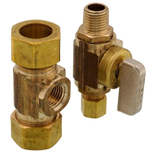 Main product image of 1/2" Nom Comp (5/8" OD) x 1/2" Nom Comp (5/8" OD) x 1/4" OD Comp Tee & Valve Kit, Lead Free (Brass)