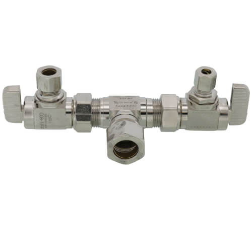 Main product image of 1/2" Nom Comp (5/8" OD) x 3/8" OD Comp x 1/4" OD Comp 2 Angle Dual Outlet Valve, Lead Free (Chrome Plated)