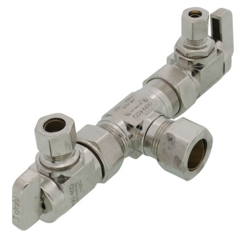 Main product image of 1/2" Nom Comp (5/8" OD) x 3/8" OD Comp x 1/4" OD Comp 2 Angle Dual Outlet Valve, Lead Free (Chrome Plated)