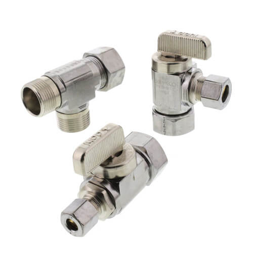 Main product image of 1/2" Nom Comp. (5/8" OD) x 3/8" OD Comp x 1/4" OD Comp 1 Angle 1 Straight Dual Outlet Valve, Lead Free (Chrome Plated)