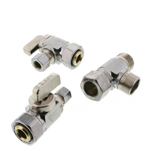 Main product image of 1/2" Nom Comp. (5/8" OD) x 3/8" OD Comp x 1/4" OD Comp 1 Angle 1 Straight Dual Outlet Valve, Lead Free (Chrome Plated)