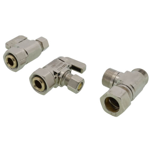 Main product image of 1/2" Nom Comp. (5/8" OD) x 3/8" OD Comp x 3/8" OD Comp 1 Angle, 1 Straight Dual Outlet Valve, Lead Free (Chrome Plated)