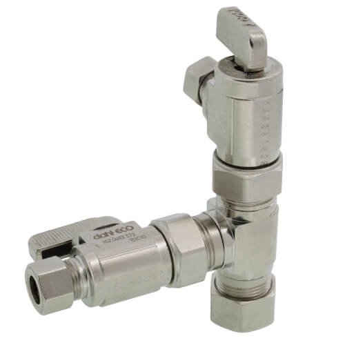 Main product image of 1/2" Nom Comp. (5/8" OD) x 3/8" OD Comp x 3/8" OD Comp 1 Angle, 1 Straight Dual Outlet Valve, Lead Free (Chrome Plated)