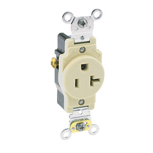 Main product image of Single Receptacle Outlet,  Smooth Face, 20A, 125V Side Wire,NEMA 5-20R, 2-Pole, 3-Wire, Self-Grounding (Ivory)