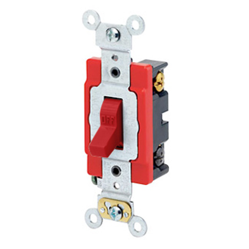 Main product image of 20A, 120/277V Toggle 4-way AC Quiet Switch, Extra Heavy Duty Spec Grade, Self Grounding, Back & Side Wired (Red)
