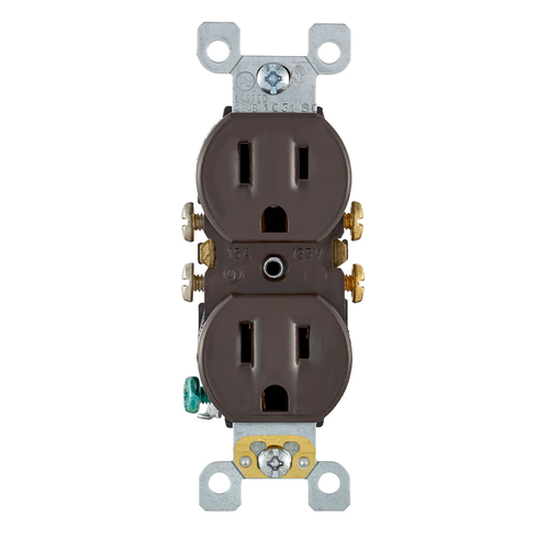 Main product image of 15A, 125V NEMA 5-15R, 2P, 3W, w/ Ears Duplex Receptacle, Straight Blade, Self Grounding, Quickwire Push-In & Side Wired, Steel Strap, (Brown)
