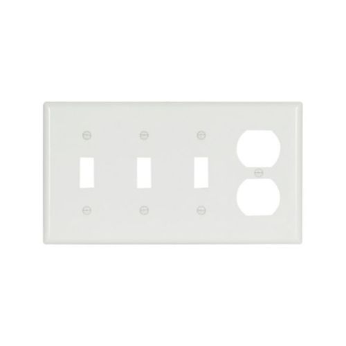Main product image of Combo Wallplate, White, Toggle, Toggle, Toggle, Duplex Receptacle Cutout, Thermoset, 4-Gang, 2174W-BOX