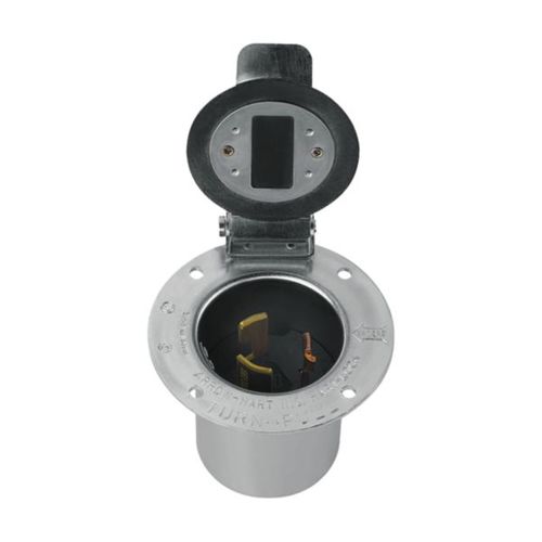 Main product image of Locking Flanged Inlet With Lid, #10-6Awg, 50A, Industrial, 600 Vac, 250Vdc, Back Wiring, Steel, 3767