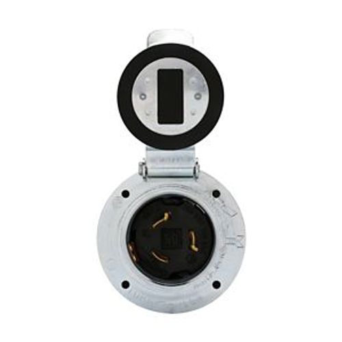 Main product image of Locking Flanged Inlet With Lid, #10-6Awg, 50A, Industrial, 600 Vac, 250Vdc, Back Wiring, Steel, 3768