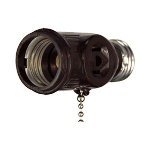 Main product image of 1 Socket To 1 Socket Socket Adapter w/ 2 250W Nema 1-15R Outlets, Pull Chain Switch, 125V, Brown, 718B-BOX