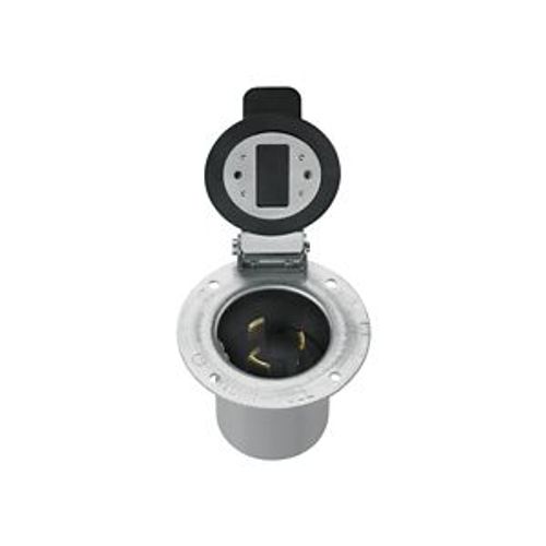 Main product image of Locking Flanged Inlet w/ Lid, #10-6Awg, 50A, 600 Vac, 250Vdc, Steel, 3-Pole, 4-Wire, Grounding, 7968