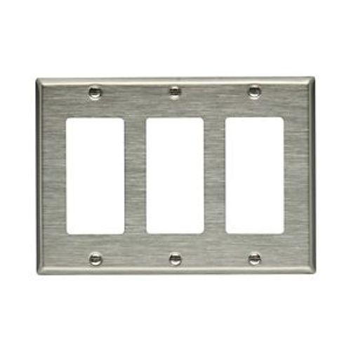 Main product image of Decorator / Gfci Wallplate, Stainless Steel, Decorator Cutout, Stainless Steel, 3-Gang, 93403-BOX