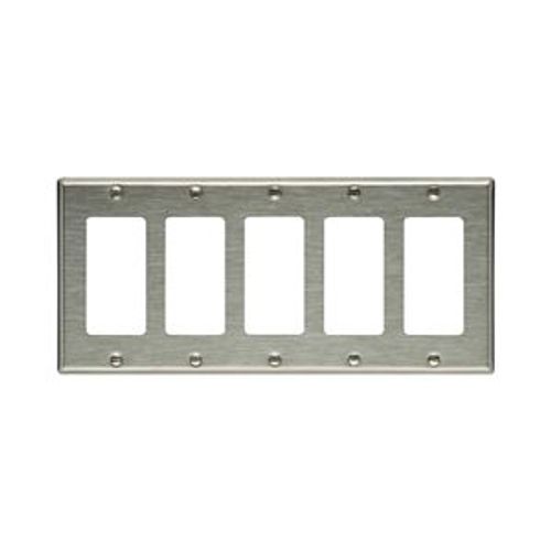 Main product image of Decorator / Gfci Wallplate, Stainless Steel, Decorator Cutout, Stainless Steel, Five-Gang, 93405-BOX
