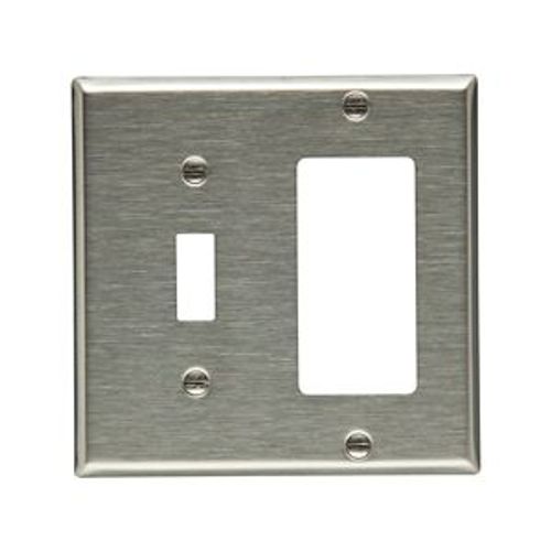 Main product image of Combination Wallplate, Stainless Steel, Toggle, Decorator Cutout, Stainless Steel, 2-Gang, 93432-BOX