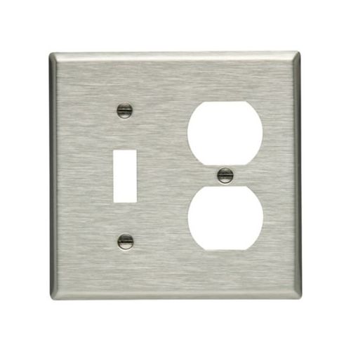 Main product image of Combo Wallplate, Stainless Steel, Toggle, Duplex Receptacle Cutout, Stainless Steel, 2-Gang, 93532-BOX