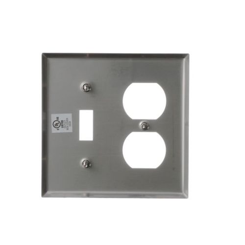 Main product image of Combo Wallplate, Stainless Steel, Toggle, Duplex Receptacle Cutout, Stainless Steel, 2-Gang, 93532-BOX