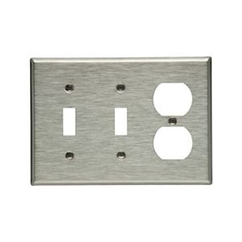 Main product image of Combo Wallplate, Stainless Steel, Toggle, Toggle, Duplex Receptacle Cutout, 3-Gang, 93543-BOX