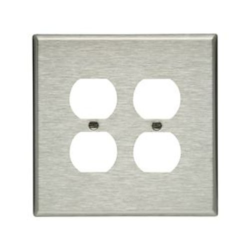 Main product image of Duplex Receptacle Wallplate, Stainless Steel, Duplex Receptacle Cutout, Stainless Steel, 2-Gang, 93802-BOX