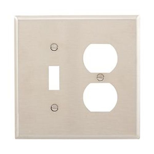 Main product image of Combo Wallplate, Stainless Steel, Toggle, Duplex Receptacle Cutout, Stainless Steel, 2-Gang, 93932-BOX