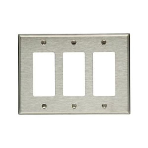 Main product image of Decorator / Gfci Wallplate, Stainless Steel, Decorator Cutout, Stainless Steel, 3-Gang, 93936-BOX