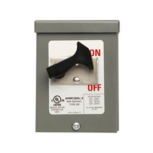 Main product image of Manual Motor Controller, #14-4 Awg 60A, Panel, 600V, Gray, Nema 3R, 2-Pole, Toggle, Single-Throw, AHMC260L-3