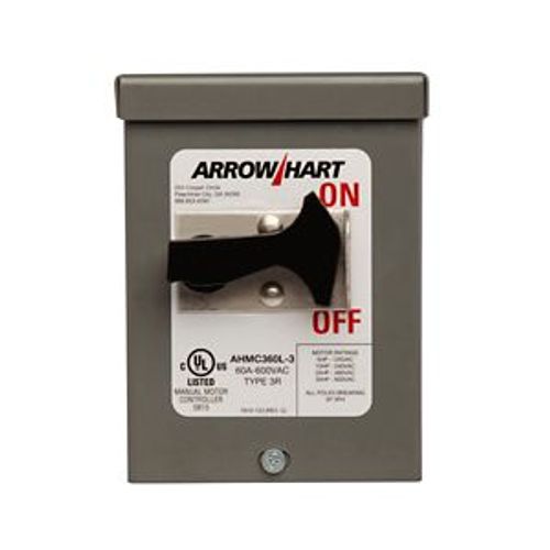 Main product image of Manual Motor Controller, #4 Awg 60A, Panel, 600V, Gray, 3-Pole, 3Ph, Toggle Switch, Single-Throw, AHMC360L-3