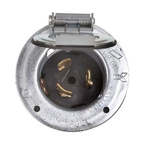 Main product image of Locking Flanged Inlet w/ Lid, #10-6Awg, 50A, 125V, Steel, 2-Pole, 3-Wire, CS6378