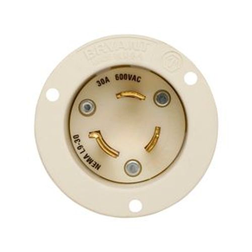 Main product image of Auto Grip Locking Flanged Inlet, #14-8 Awg, 30A, 600V, White, L9-30, 2-Pole 3-Wire, CWL930FI