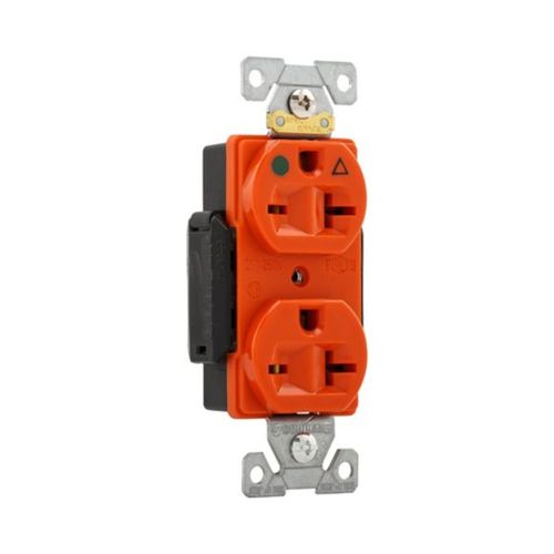 Main product image of Arrow Hart Duplex Receptacle, #14-10 Awg 20A, Healthcare, 250V, Orange Face Base, 6-20R, Duplex, IG8400RN
