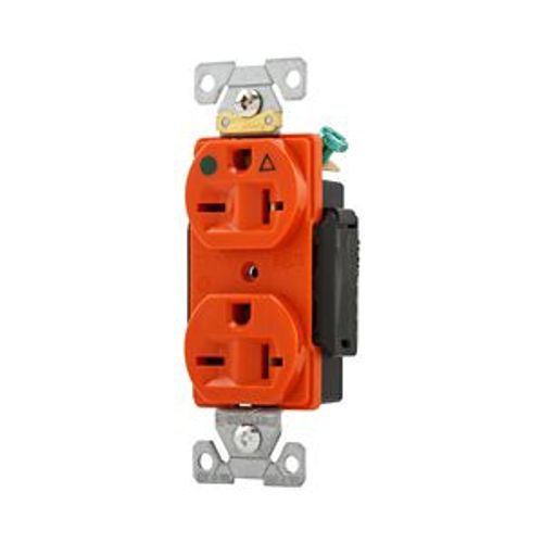 Main product image of Arrow Hart Duplex Receptacle, #14-10 Awg 20A, Healthcare, 250V, Orange Face Base, 6-20R, Duplex, IG8400RN