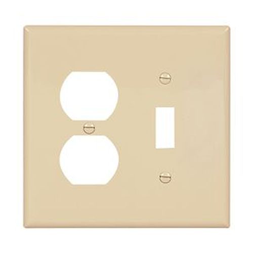 Main product image of Combination Wallplate, Ivory, Toggle, Duplex Receptacle Cutout, Polycarbonate, 2- Gang, Mid-Size, PJ18V