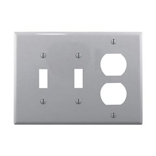 Main product image of Combination Wallplate, Gray, Toggle, Toggle, Duplex Receptacle Cutout, 3-Gang, Mid-Size, PJ28GY