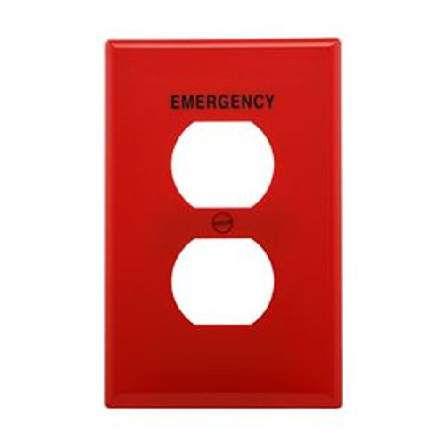 Main product image of Duplex Receptacle Wallplate, Premarked "Emergency", Red, Duplex Receptacle Cutout, 1-Gang, PJ8EMRD
