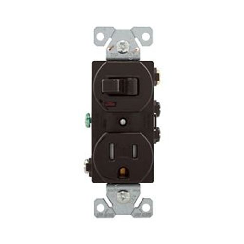 Main product image of Commercial Combo Switch, Auto-Grnd, Neon Pilot, #14-#12 Awg 15A 120V Switch, 125V Recept, Brown, TR274B