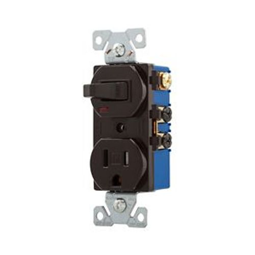 Main product image of Commercial Combo Switch, Auto-Grnd, Neon Pilot, #14-#12 Awg 15A 120V Switch, 125V Recept, Brown, TR274B
