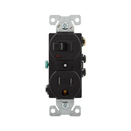 Main product image of Commercial Combo Switch, Auto-Grnd, Neon Pilot, #14-#12 Awg 15A 120V Switch, 125V Recept, Black, TR274BK