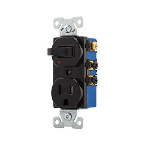 Main product image of Commercial Combo Switch, Auto-Grnd, Neon Pilot, #14-#12 Awg 15A 120V Switch, 125V Recept, Black, TR274BK