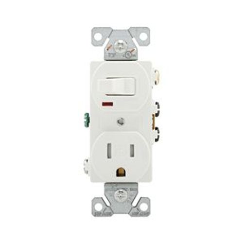 Main product image of Commercial Combo Switch, Auto-Grnd, Neon Pilot, #14-#12 Awg 15A 120V Switch, 125V Recept, White, TR274W